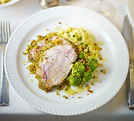 Butter-basted pork loin with stuffing crust & cheesy polenta