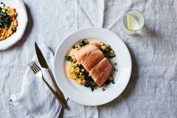 Butter-basted salmon with buttermilk garlic mashed sweet potatoes