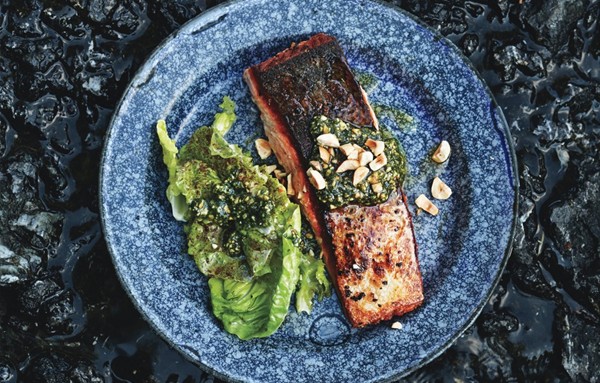 Butter-basted salmon with hazelnut relish