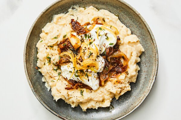 Butter bean dip with frizzled onions and preserved lemon