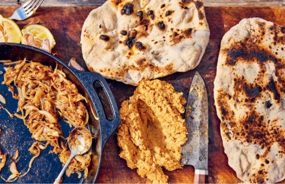 Butter bean hummus with yeasty onions and flatbreads