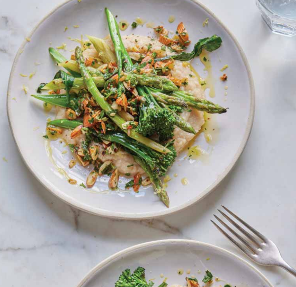 Butter bean mash with garlicky almonds and greens