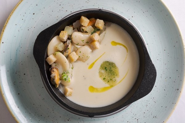 Butter bean soup with mussel and guanciale casserole