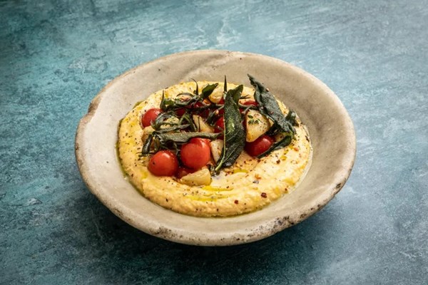 Butter bean spread with fermented Piccolo tomatoes, confit garlic and crispy, frazzled sage leaves