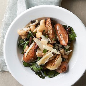 Butter beans, Italian sausage, and chard pan stew