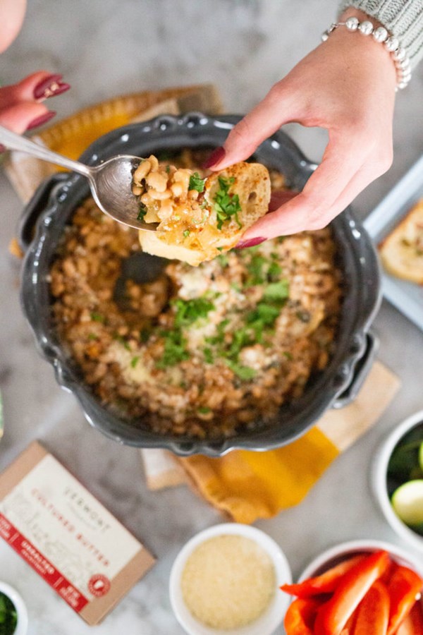 Butter braised French onion white bean dip