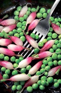 Butter-braised radishes with English peas