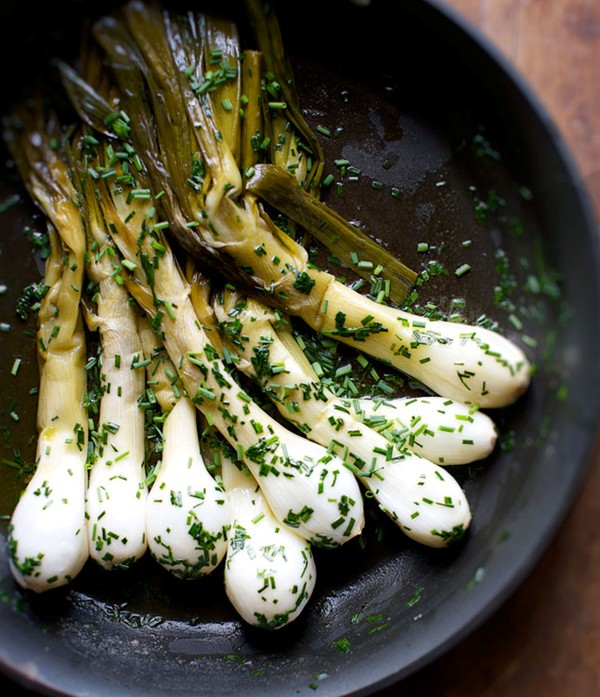 Butter-braised spring onions with lots of chives