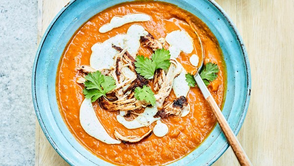 Butter chicken soup with roasted root vegetables, coconut and mint and lime yoghurt