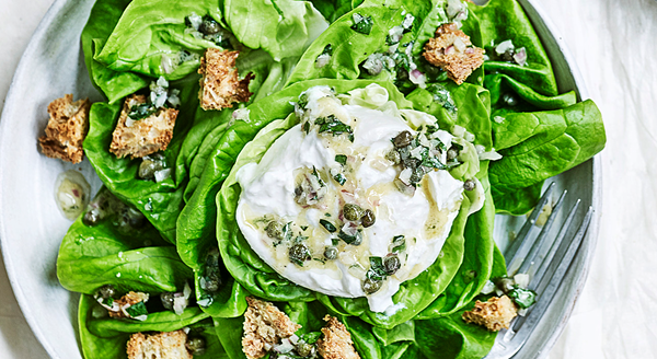 Butter lettuce with burrata and caper dressing