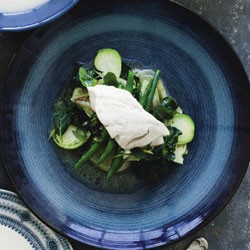 Butter-poached hapuku and warm winter green salad