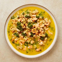 Butter-poached prawns and celeriac