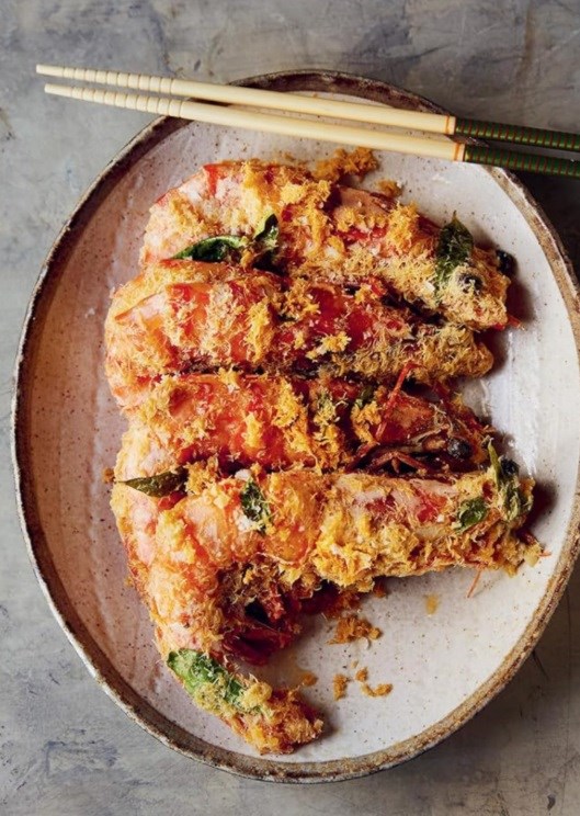 Butter prawns with egg floss