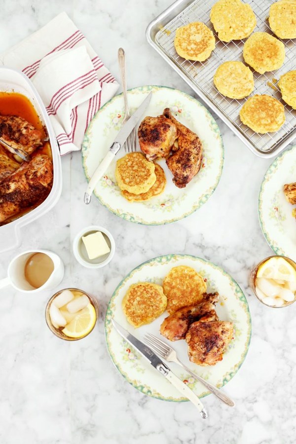 Butter roasted chicken + fresh corn johnny cakes