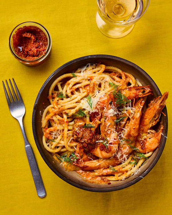 Butter sambal bucatini with prawns