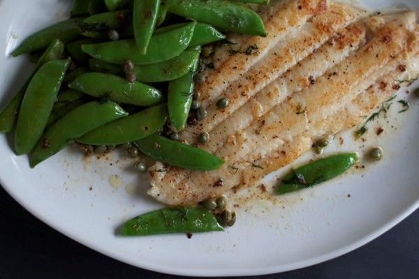 Butter-seared sole with snap peas, dill & capers