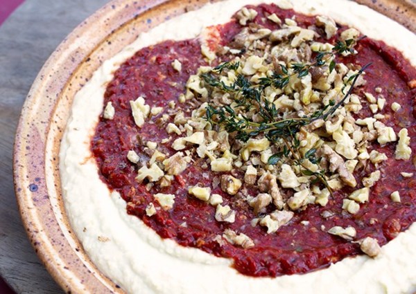 Butterbean hummus with red pepper and walnut paste