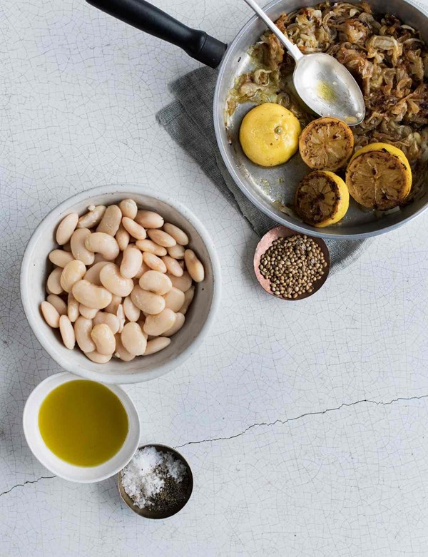 Butterbean, roast lemon and caramelised onion hummus-style dip
