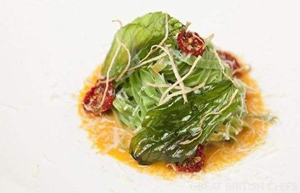 Buttered basil linguine with tomato and chilli sauce and cheddar sauce