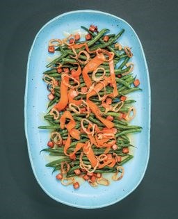 Buttered green beans with mortadella, pickled carrots & crispy shallots