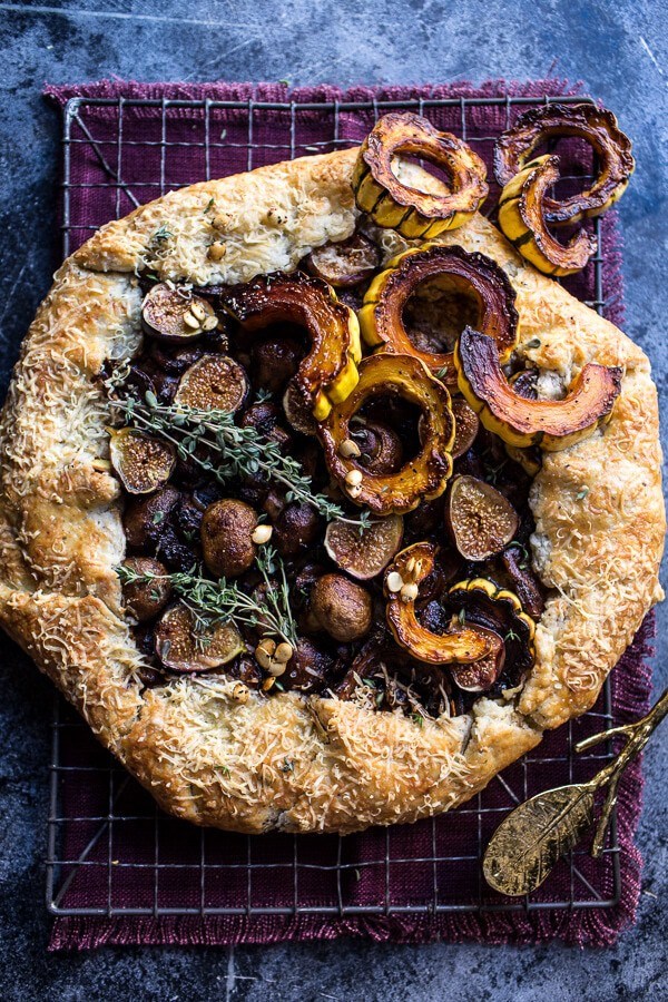 Buttered mushroom, fig and bacon galette with roasted squash