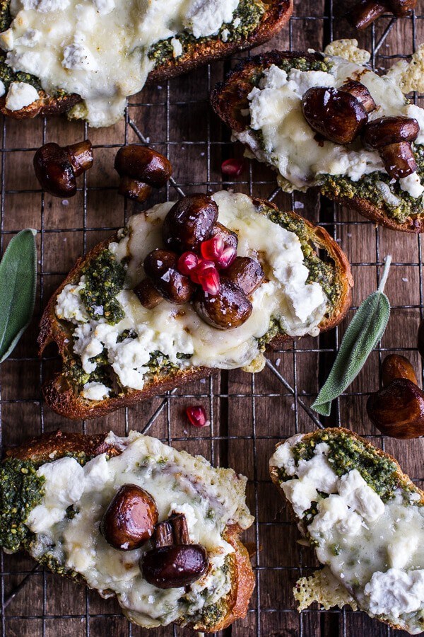 Buttered mushroom, sage pesto + goat cheese sourdough toast