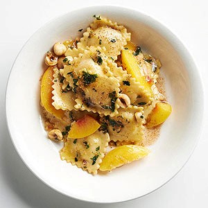 Buttered peaches and ravioli