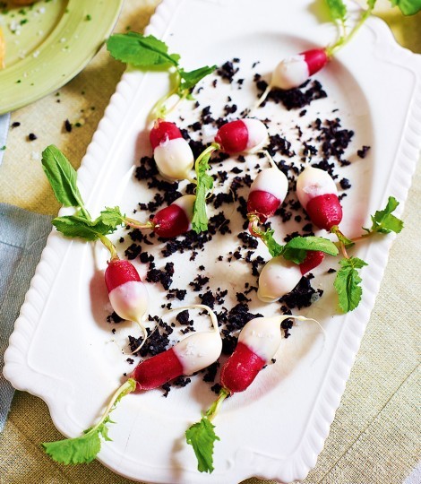 Buttered radishes with olive crumbs