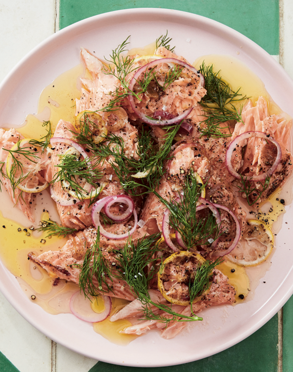 Buttered salmon with red onion and dill