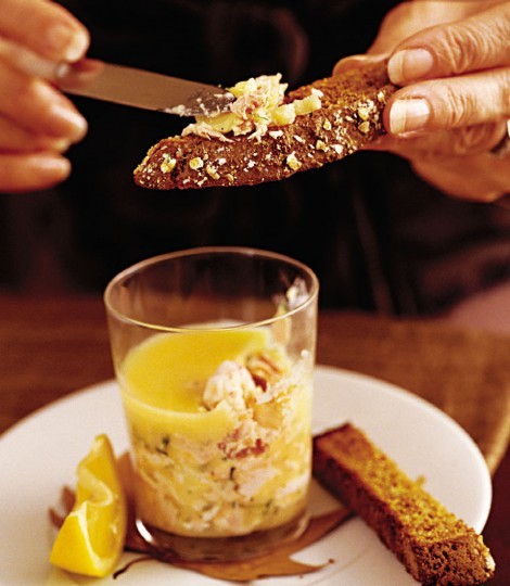 Buttered sea trout and prawn pots with dill and soda bread toast