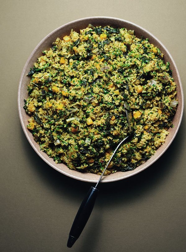 Buttered spice rice with puffed rice, butternut and bitter greens