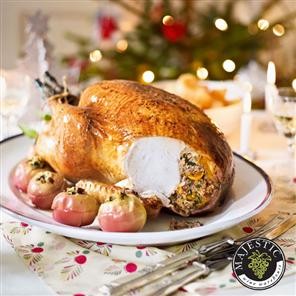 Buttered turkey with sausage, pancetta and apricot stuffing