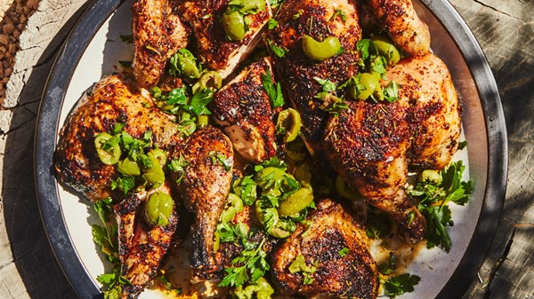 Butterflied chicken with herbs and cracked olives