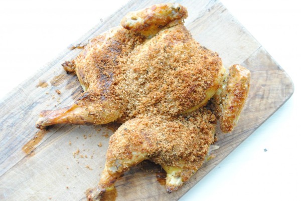 Butterflied Cornish hens with mustard, breadcrumbs, and thyme