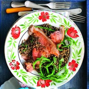 Butterflied leg of lamb with samphire and lentils