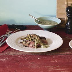 Butterflied leg of lamb with leeks in wine and walnut aillade