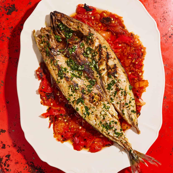 Butterflied mackerel and burnt tomato aji (homemade chilli sauce) (Anna Ortiz)