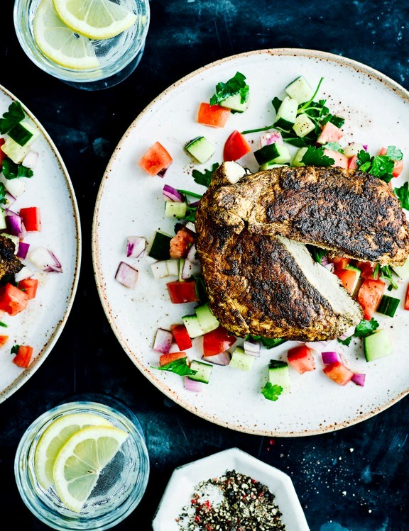 Butterflied ras el hanout chicken breast with chopped salad