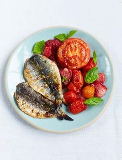 Butterflied sardines with slow-roast tomato and strawberries