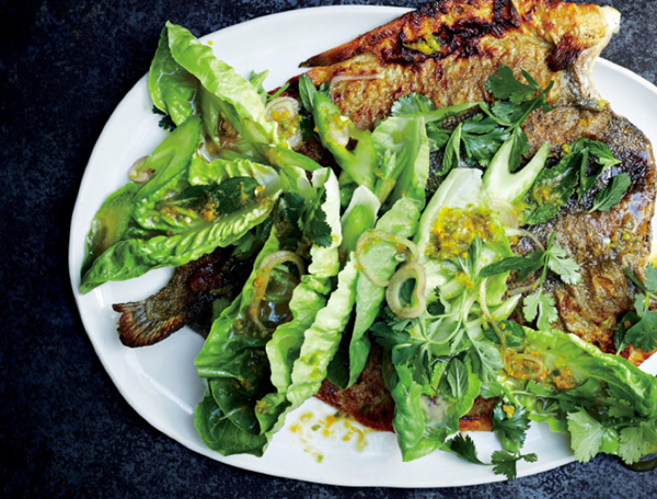 Butterflied trout with spicy lettuce, celery, and herbs
