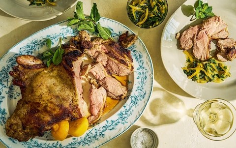 Butterfly roast leg of lamb with mint, honey and preserved lemon relish