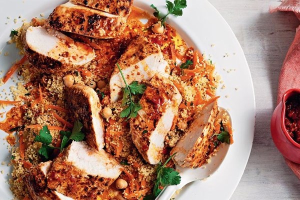 Buttermilk & harissa chicken with spiced carrot couscous