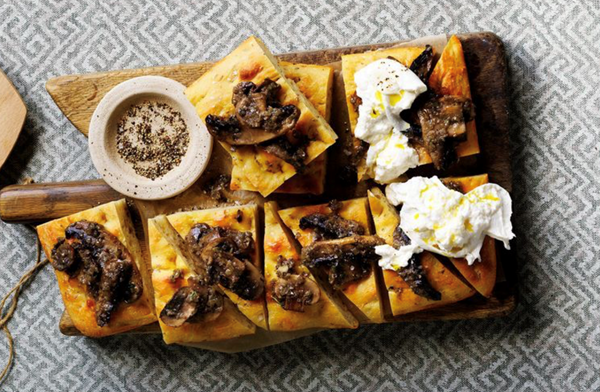 Buttermilk and fennel seed focaccia with mushrooms and burrata