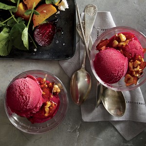 Buttermilk beet sherbert with hazelnut brittle