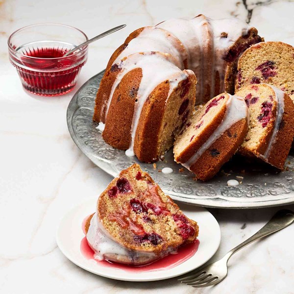 Buttermilk-brown sugar bundt cake with candied cranberries