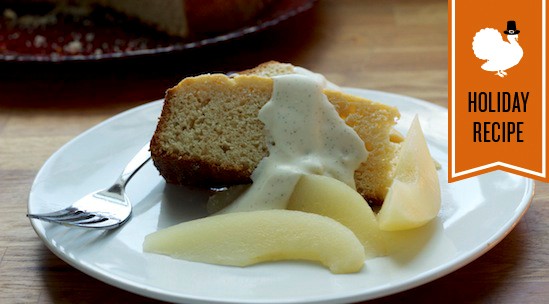 Buttermilk cake with Riesling poached pears and sweetened crème fraîche