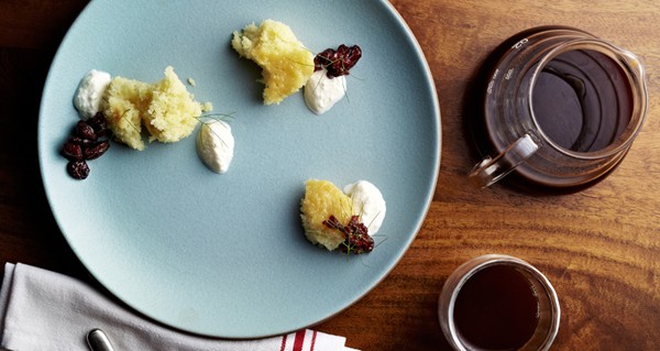 Buttermilk cake with sour milk jam and gin-poached cherries