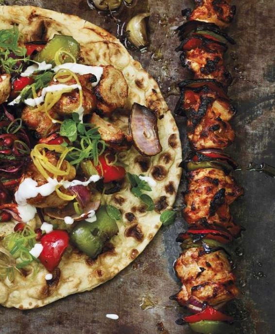 Buttermilk chicken shish kebab with quick lemon pickle & oregano