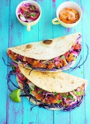 Buttermilk chicken tacos with onion and radish salsa