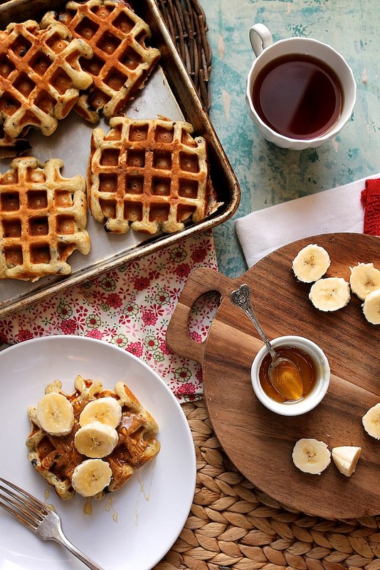 Buttermilk chocolate chip waffles with almond butter, banana, and honey
